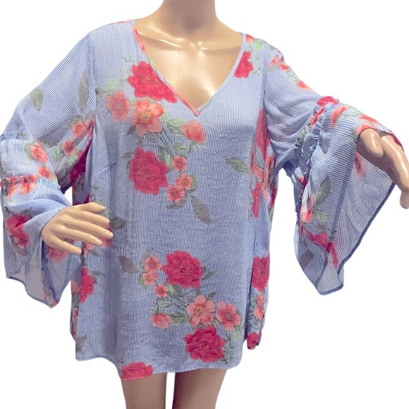 Zac & Rachel - Pinstripe Floral - Boho - Tiered Bell Sleeves - Picture 2 of 6